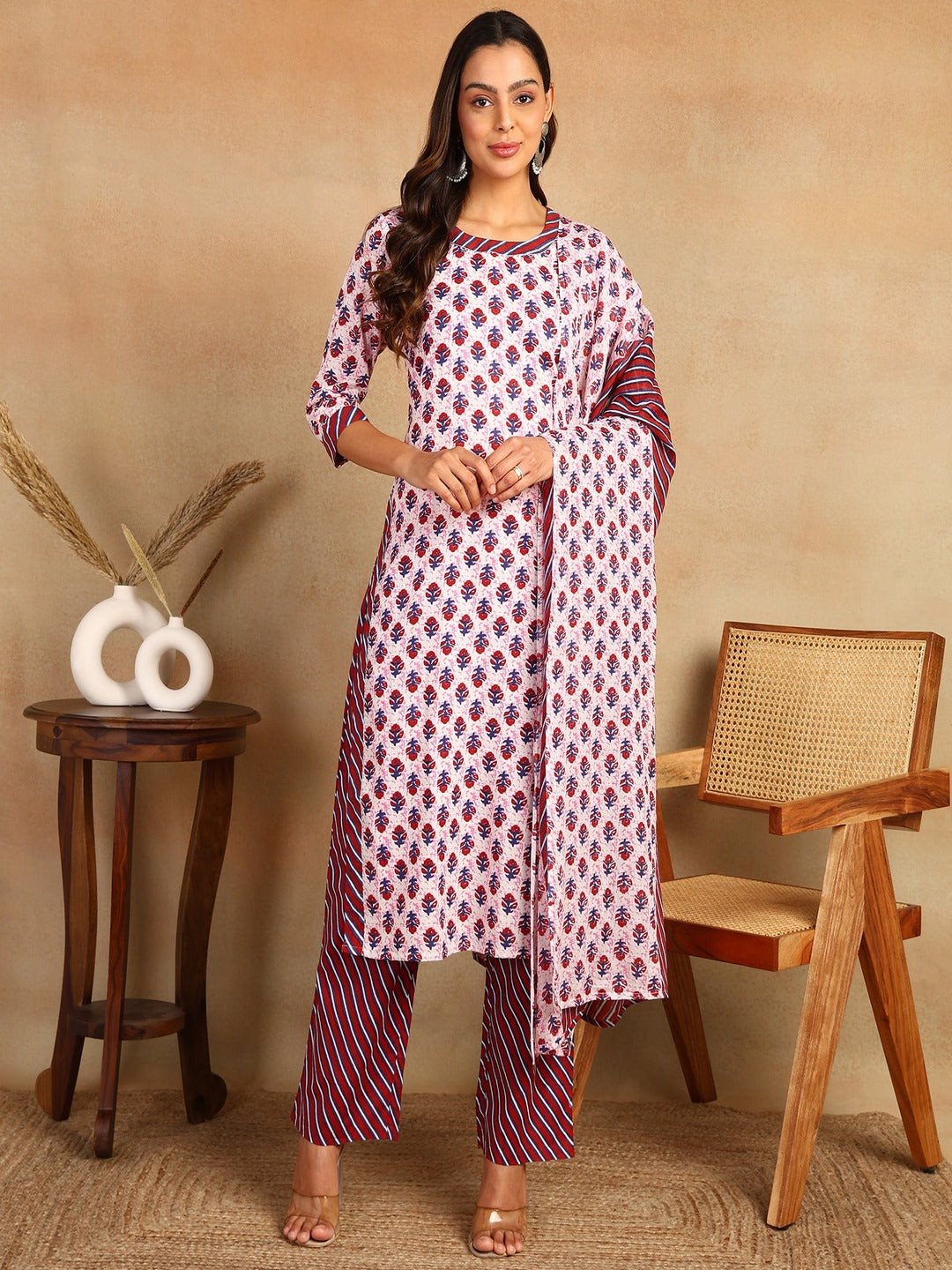 Straight Printed Cotton Kurta Bottom Set With Dupatta