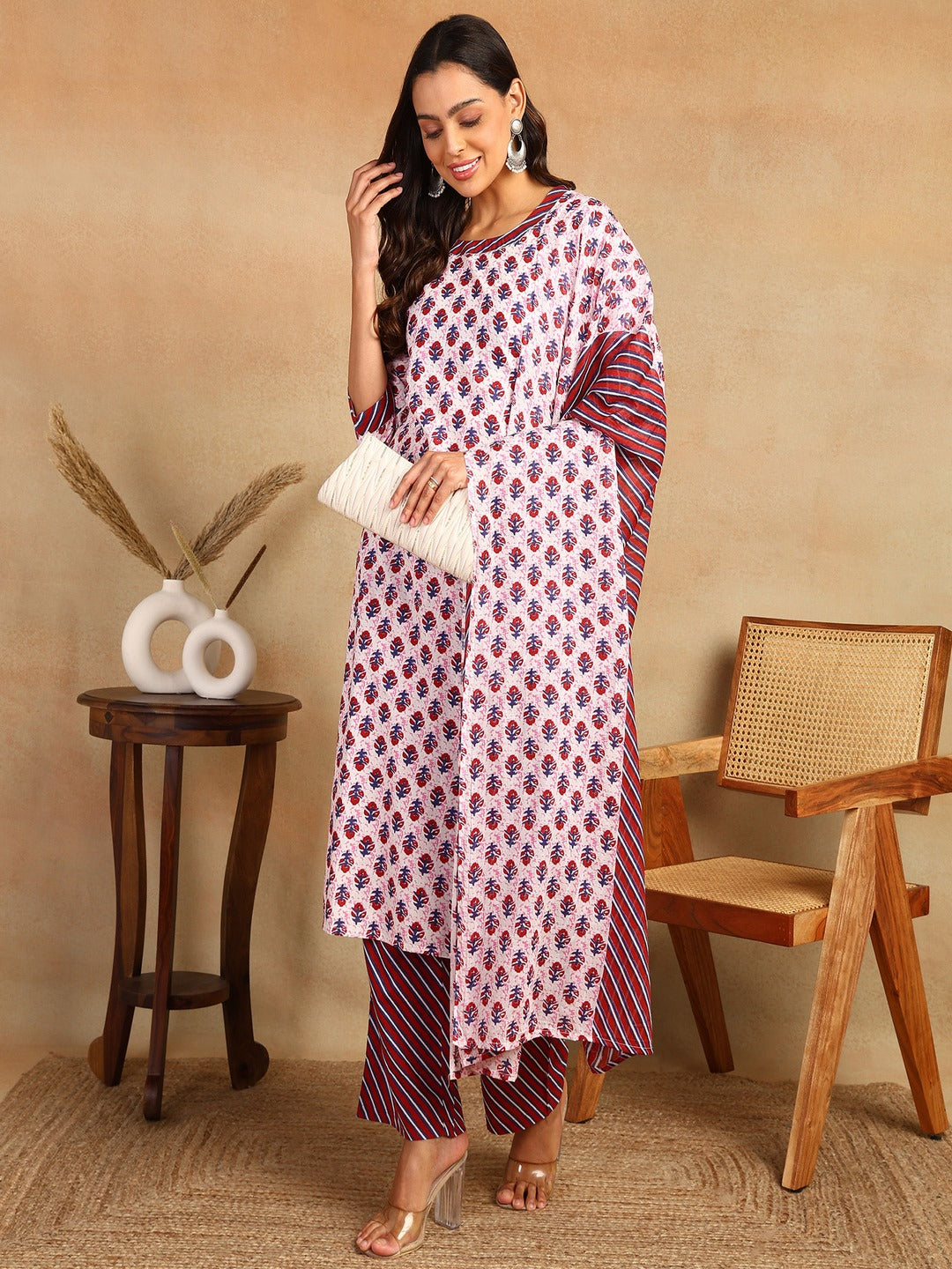 Straight Printed Cotton Kurta Bottom Set With Dupatta