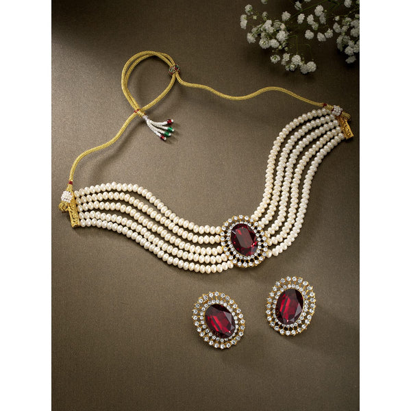 Gold Plated Traditional Stone Studded Pearl Choker Necklace Jewellery Set For Women/Girls (ML316M) | Womensfashionfun