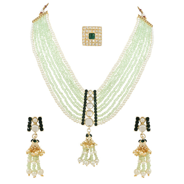 Gold Plated Traditional Kundan & Mint Beads Multistrand Necklace With Earrings, Maang Tikka & Finger Ring Set For Women (ML320Min) | Womensfashionfun