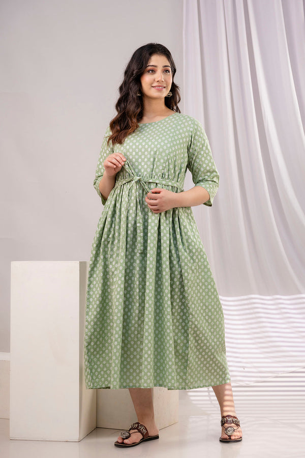 Green Printed Maternity Dress For Women | WOMENSFASHIONFUN