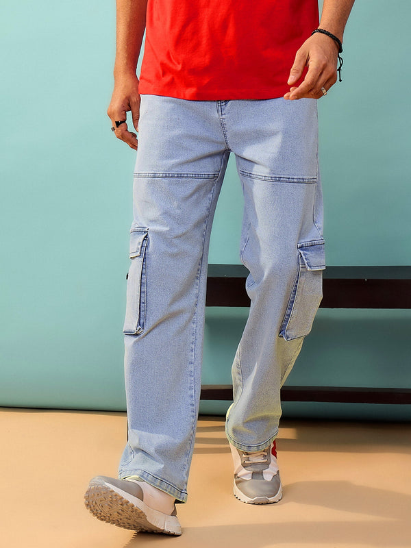 Men Blue Washed Cargo Pocket Oversize Jeans | WomensFashionFun.com