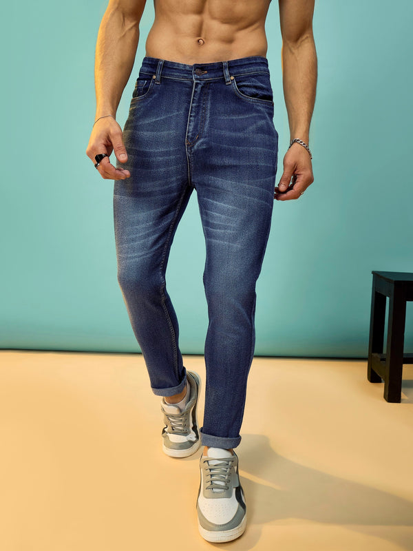 Men Navy Washed Slim Fit Jeans | WomensFashionFun.com