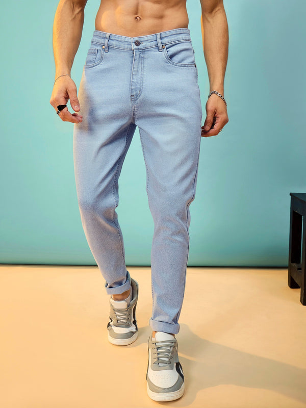 Men Blue Washed Slim Fit Jeans | WomensFashionFun.com