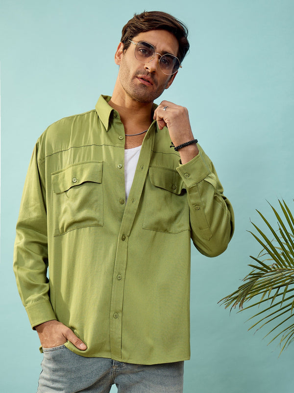 Men Green Twill Utility Pocket Oversize Shirt | WomensFashionFun.com