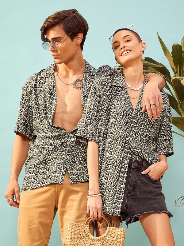 Unisex Brown Geometric Print Relax Fit Shirt | WomensFashionFun.com