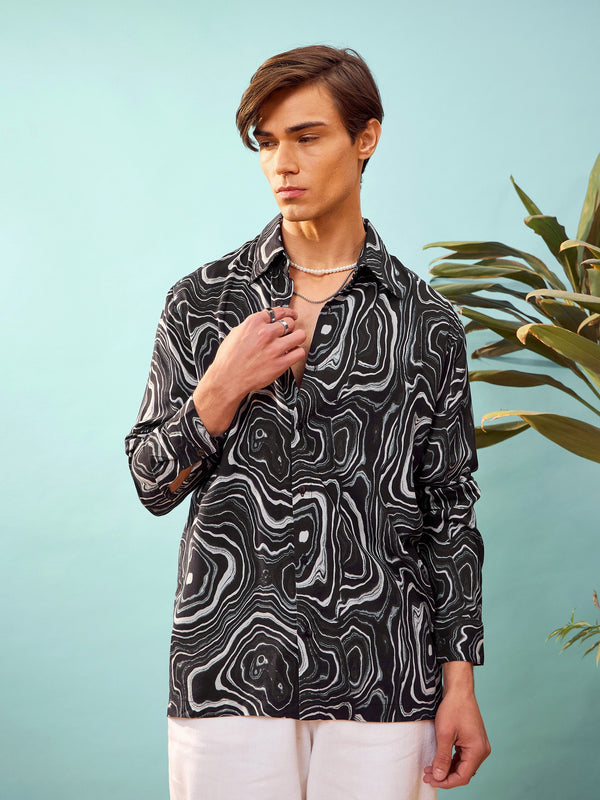 Men Black & White Marble Print Relax Fit Shirt | WomensFashionFun.com