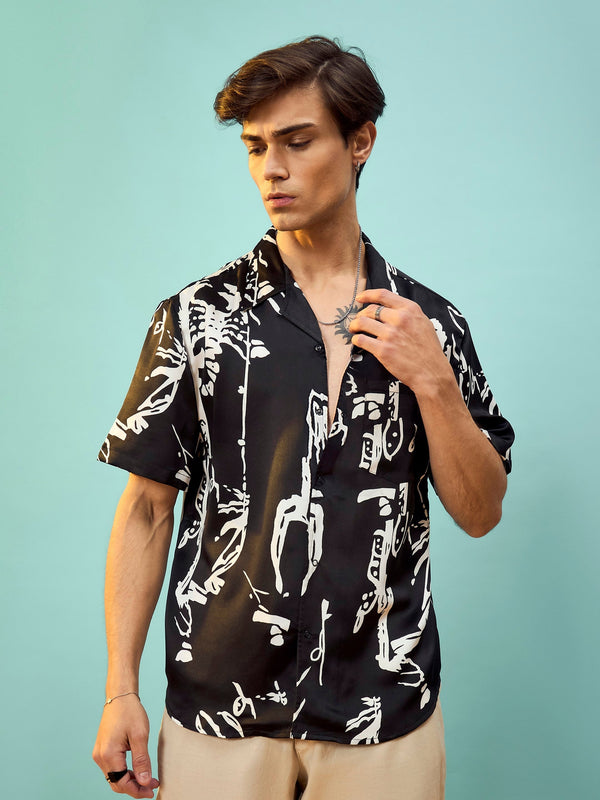 Men Black Satin Print Relax Fit Shirt | WomensFashionFun.com