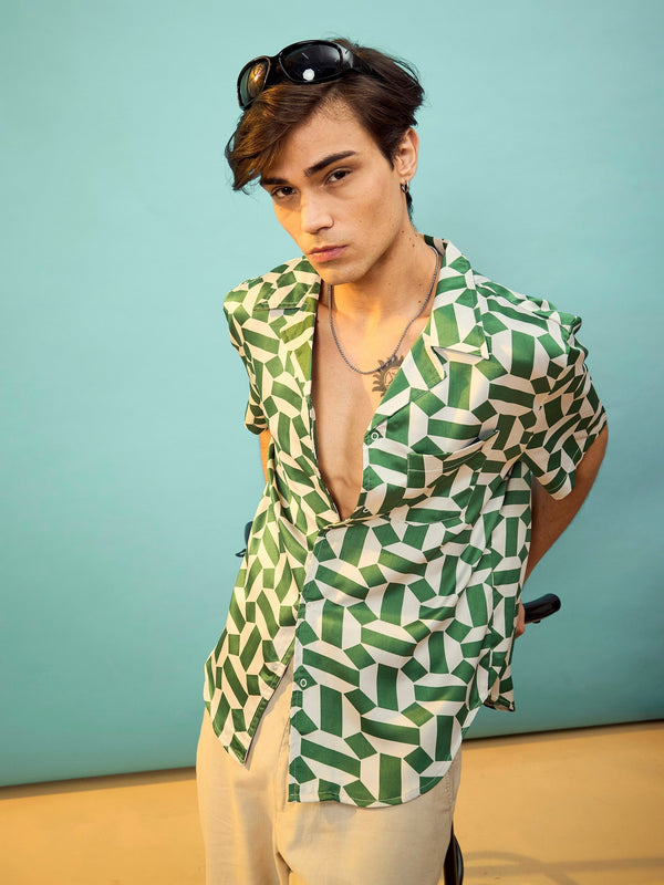 Men Green Satin Printed Relax Fit Shirt | WomensFashionFun.com