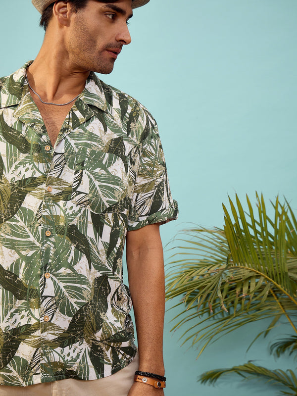 Unisex Olive Tropical Print Relax Fit Shirt | WomensFashionFun.com