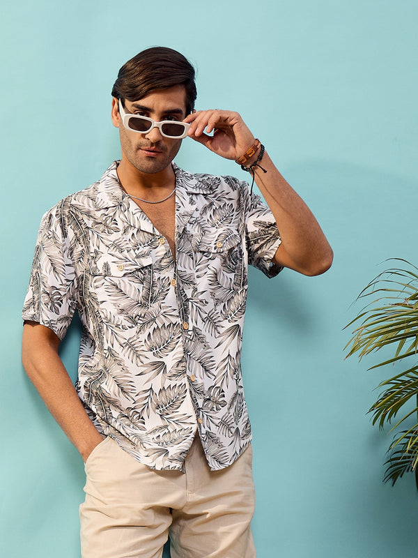 Unisex Grey Tropical Print Relax Fit Shirt | WomensFashionFun.com