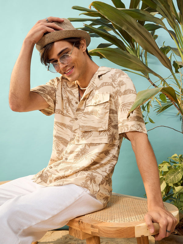 Unisex Beige Tropical Print Relax Fit Shirt | WomensFashionFun.com