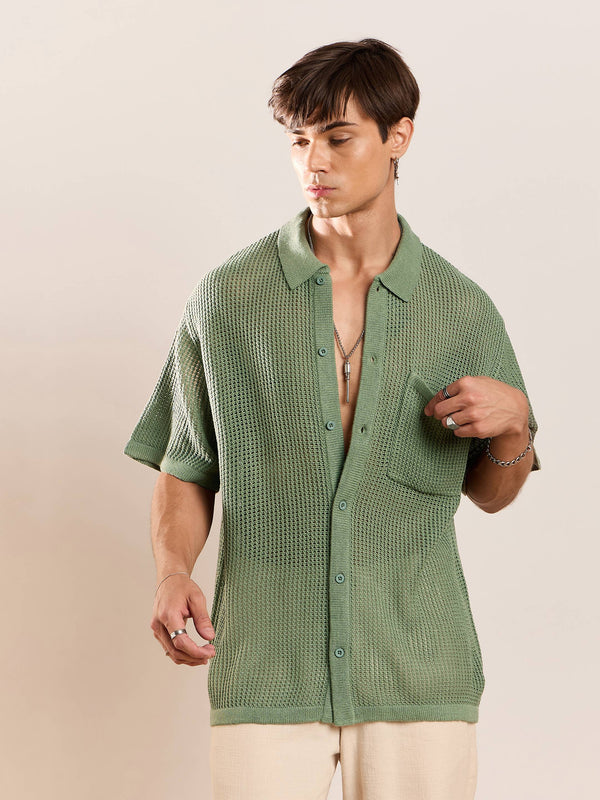 Women Men Green Crochet Knit Oversize Shirt | WomensFashionFun