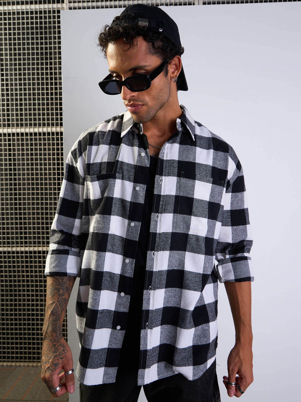 Men Black & White Check Patch Pocket Oversize Shirt | WOMENSFASHIONFUN