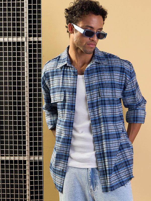 Men Grey & Blue Check Raw Edge Hem Oversize Shirt | WOMENSFASHIONFUN