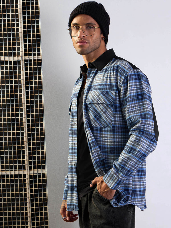 Men Grey & Blue Elbow Patch Oversize Check Shirt | WOMENSFASHIONFUN