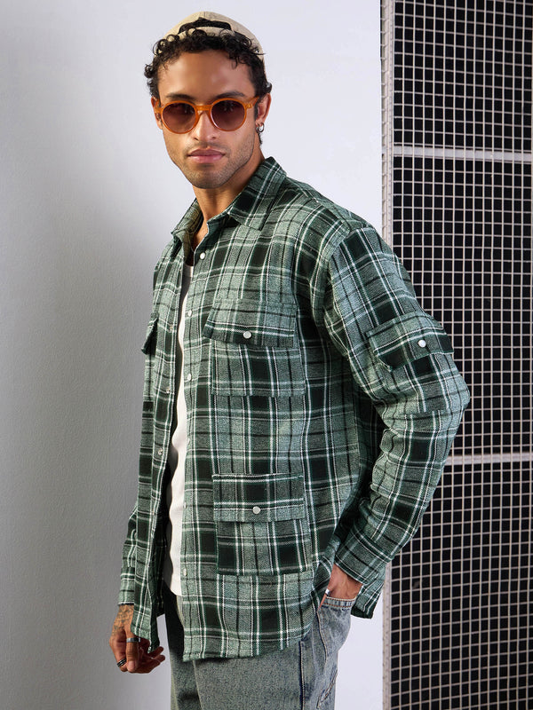 Men Green Check Utility Pocket Oversize Shirt | WOMENSFASHIONFUN