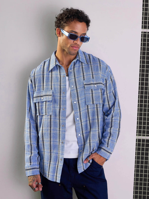 Men Blue & White Check Flap Pocket Oversize Shirt | WOMENSFASHIONFUN