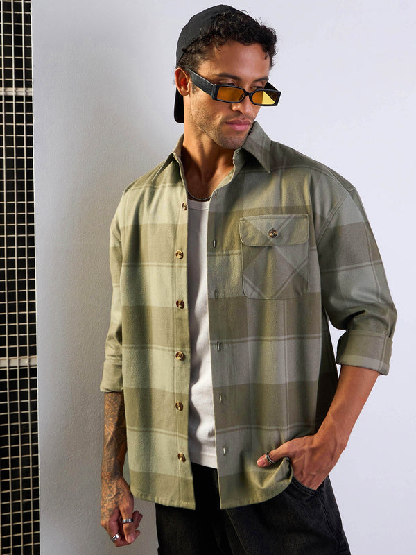 Men Olive Check Oversize Shirt | WOMENSFASHIONFUN