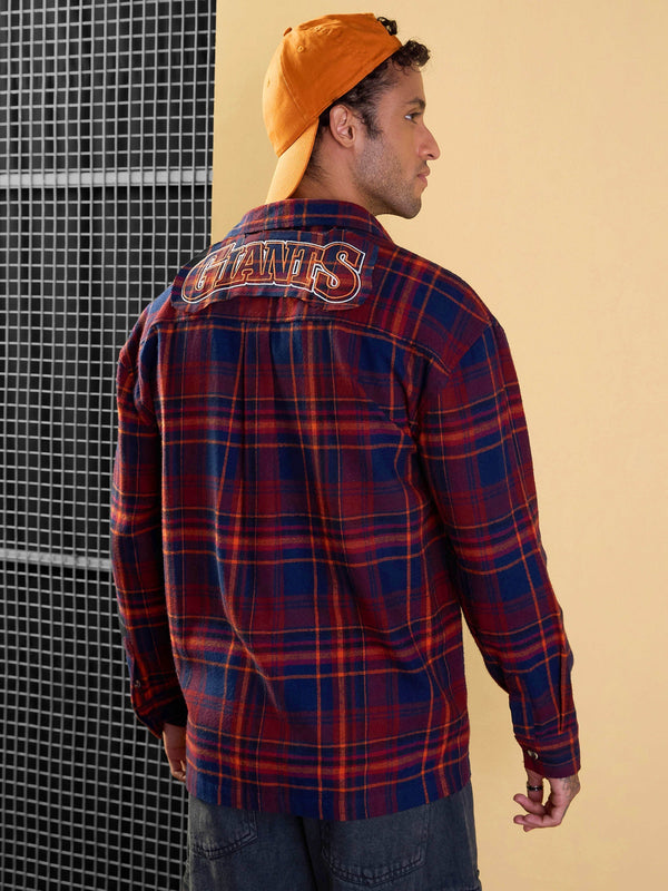 Men Rust & Blue Check GIANT Embroidery Oversize Shirt | WOMENSFASHIONFUN