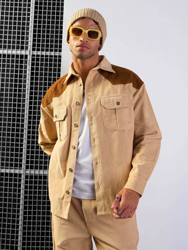 Men Beige & Brown Corduroy Colorblock Oversize Shirt | WOMENSFASHIONFUN