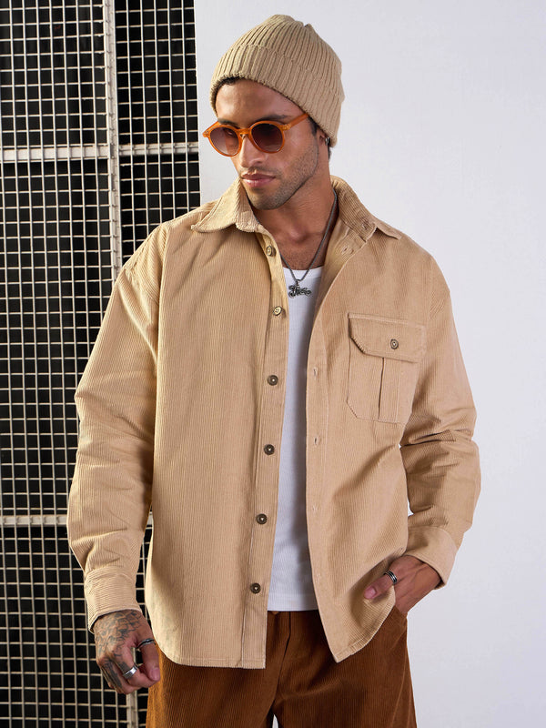 Men Beige Corduroy Side Pocket Shacket | WOMENSFASHIONFUN