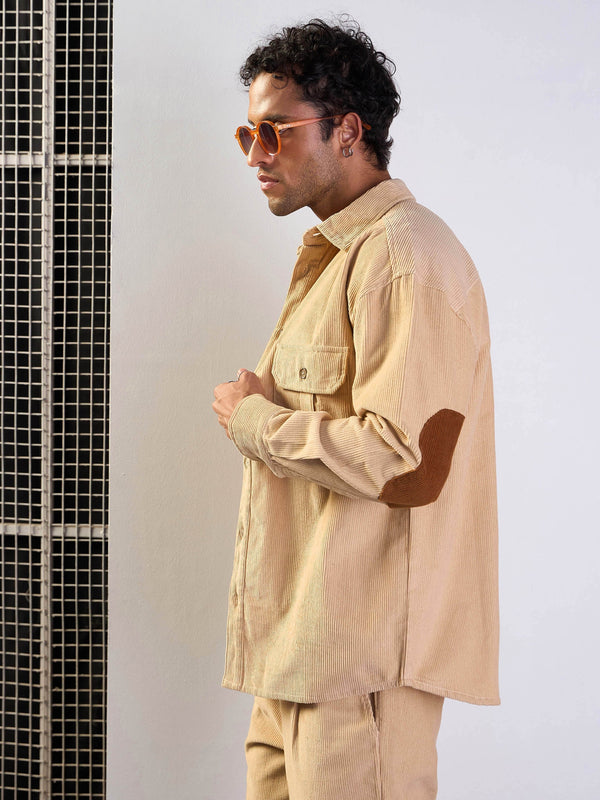 Men Beige Corduroy Elbow Patch Oversize Shirt | WOMENSFASHIONFUN