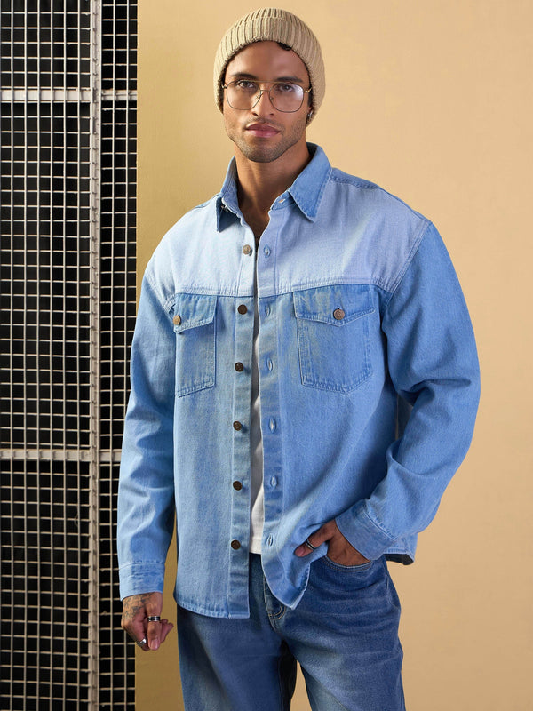 Men Light Blue Color Block Oversize Shacket | WOMENSFASHIONFUN