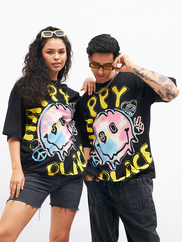 Unisex Black HAPPY PLACE Oversized T-Shirt | WomensFashionFun.com