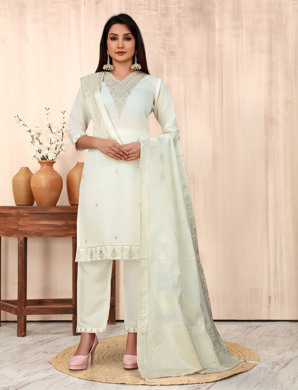 Women V-Neck Sequence Embroidered Work Silk Blend Fabric Kurta & Pant Set Comes With Net Embroidered Dupatta | WOMENSFASHIONFUN