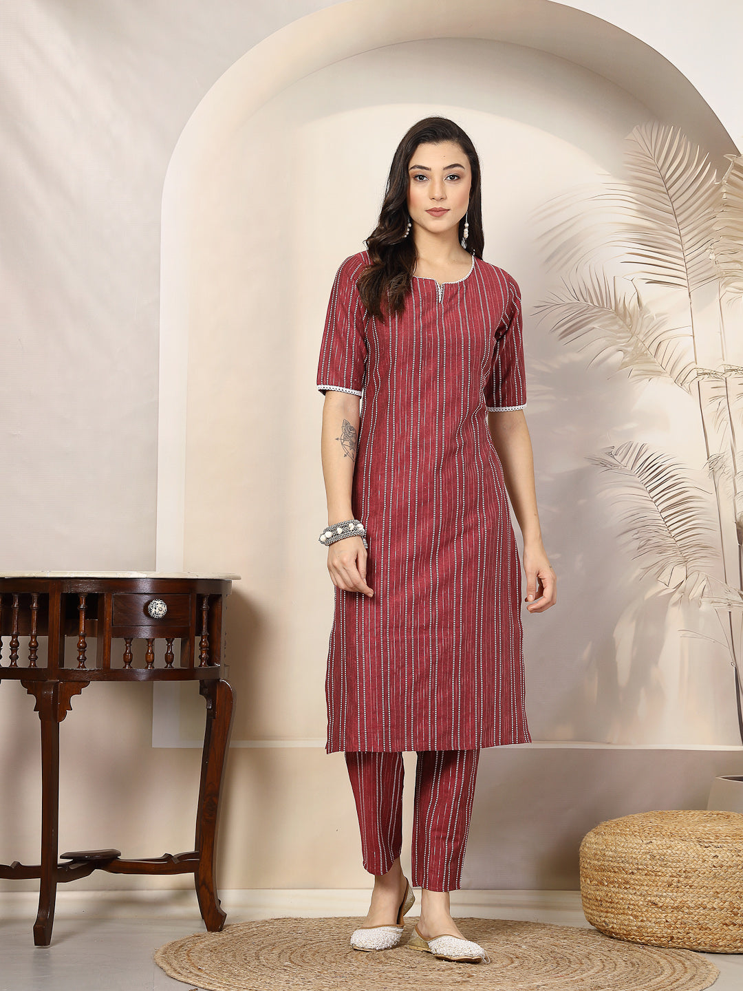 Self Woven Striped Cotton Blend Straight Kurta Pant Set