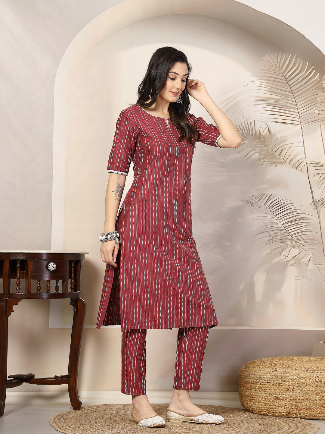 Self Woven Striped Cotton Blend Straight Kurta Pant Set