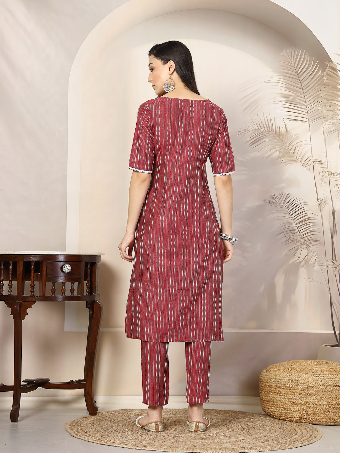 Self Woven Striped Cotton Blend Straight Kurta Pant Set