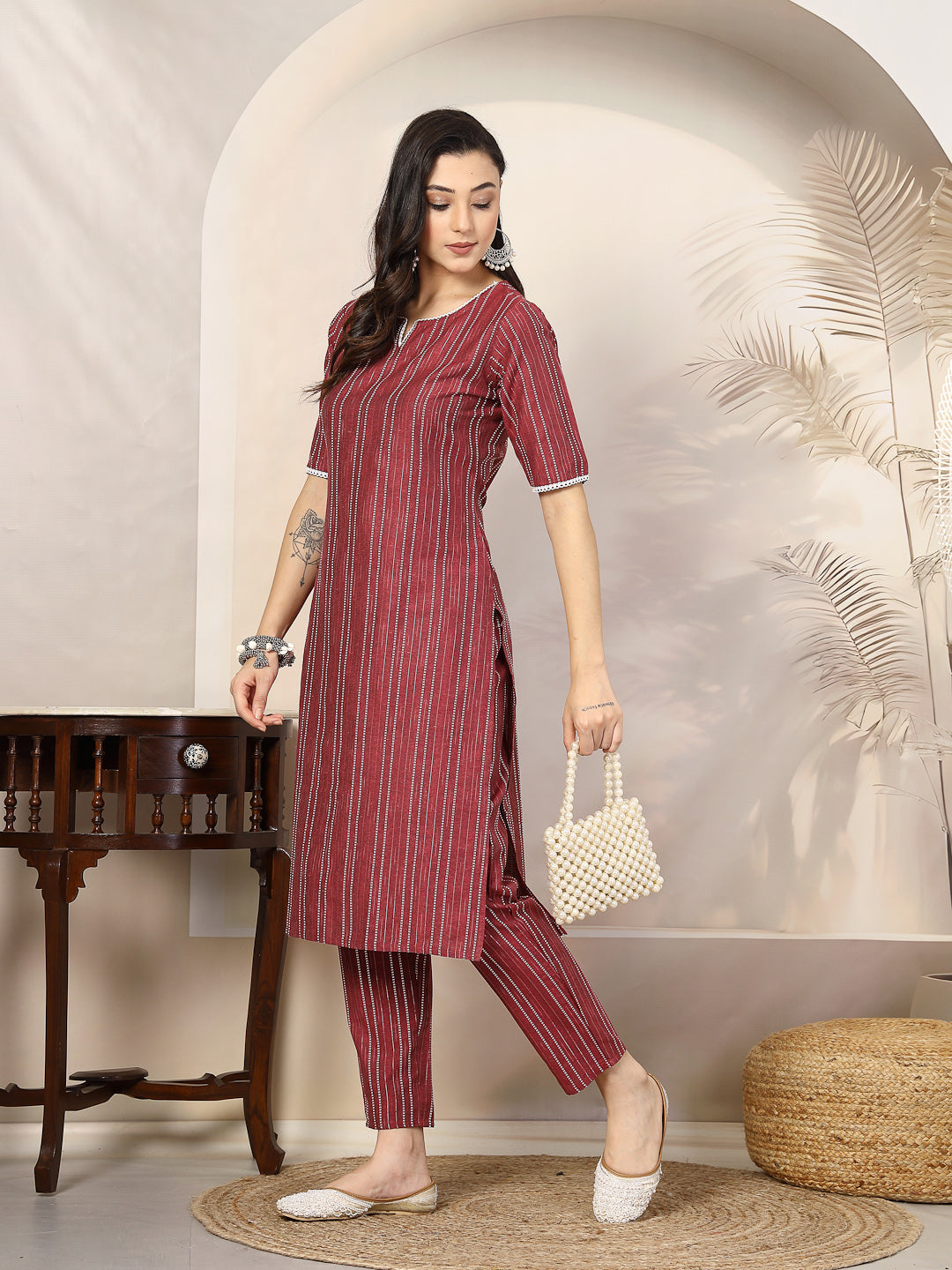 Self Woven Striped Cotton Blend Straight Kurta Pant Set