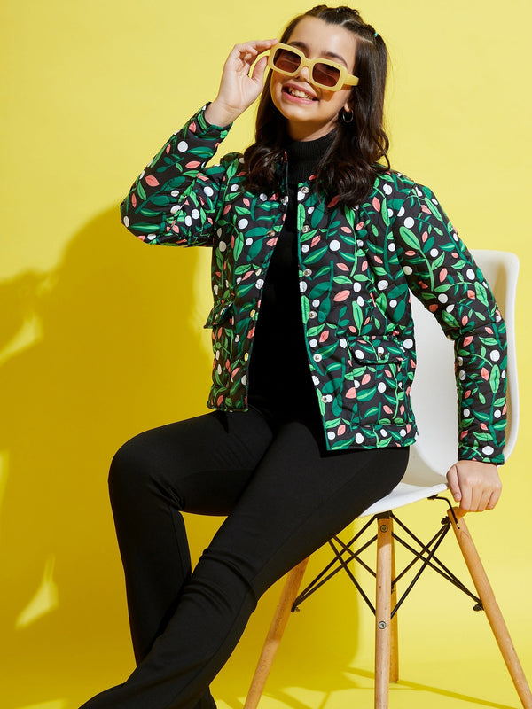 Girls Green & Black Tropical Front Button Quilted Jacket | WomensFashionFun.com