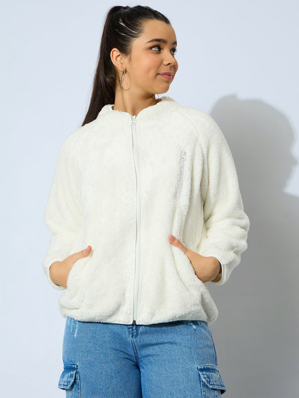 Girl White Double Fur Front Zipper Regular Jacket | WOMENSFASHIONFUN