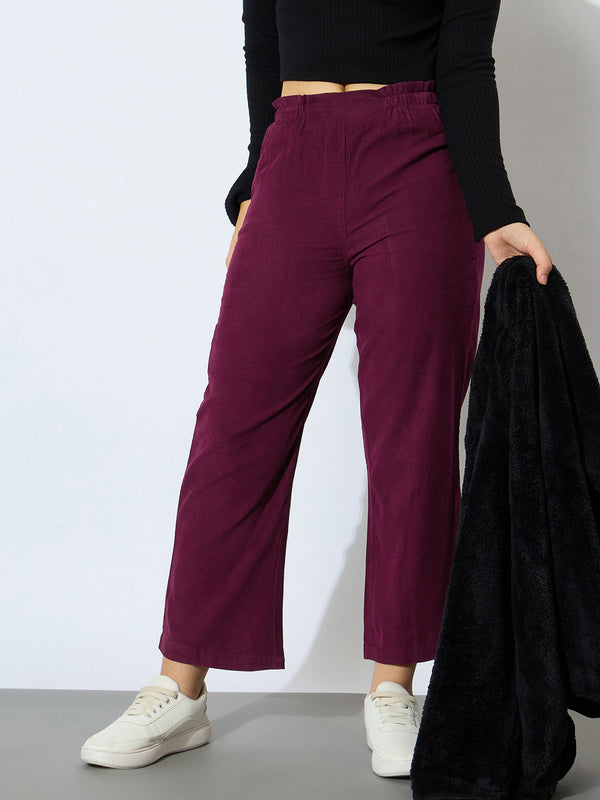 Girl Maroon Corduroy Paper Bag Waist Pants | WOMENSFASHIONFUN