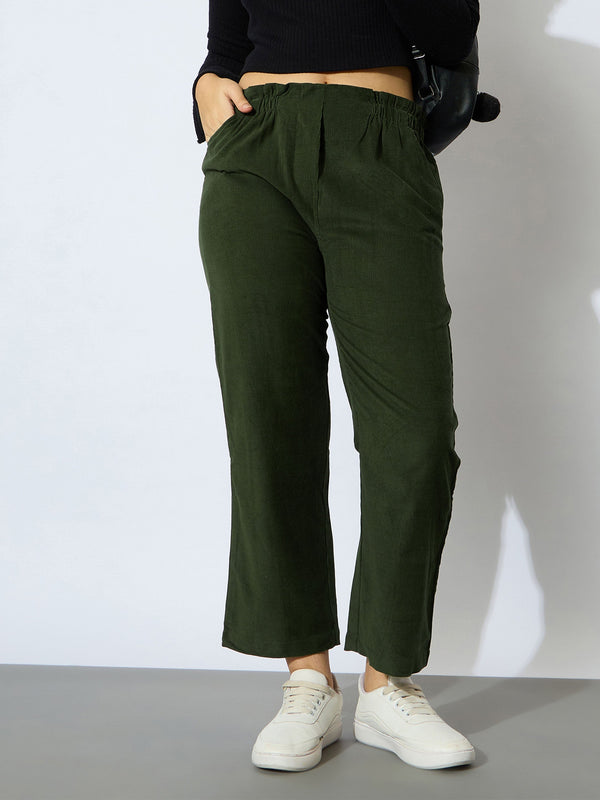 Girl Olive Corduroy Paper Bag Waist Pants | WOMENSFASHIONFUN