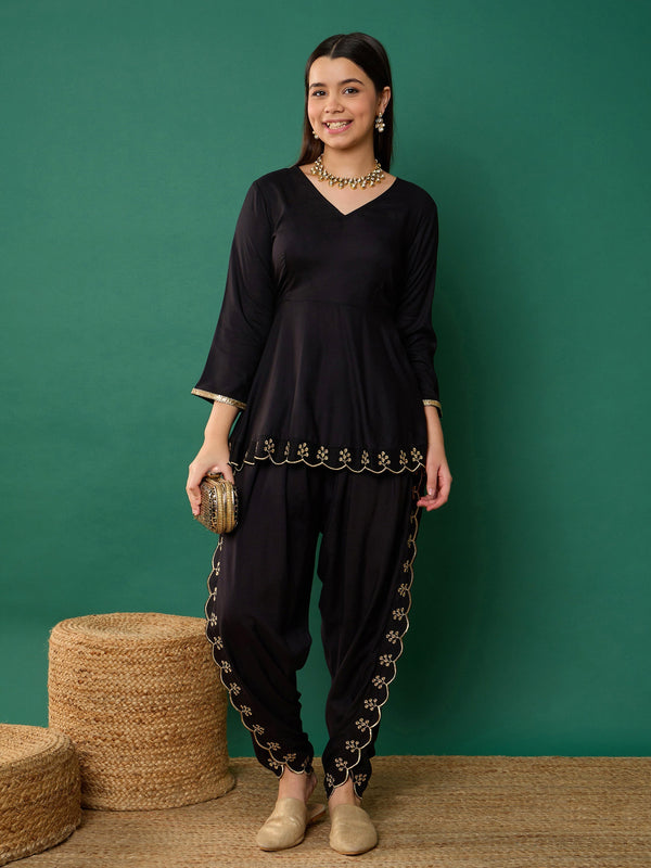 Girl Black Solid Peplum Top With Dhoti Pants | WOMENSFASHIONFUN