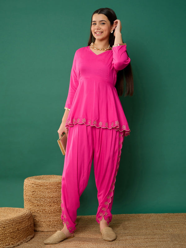 Girl Fuchsia Solid Peplum Top With Dhoti Pants | WOMENSFASHIONFUN