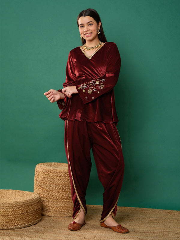 Girl Maroon Velvet Emb Peplum Top With Dhoti Pants | WOMENSFASHIONFUN