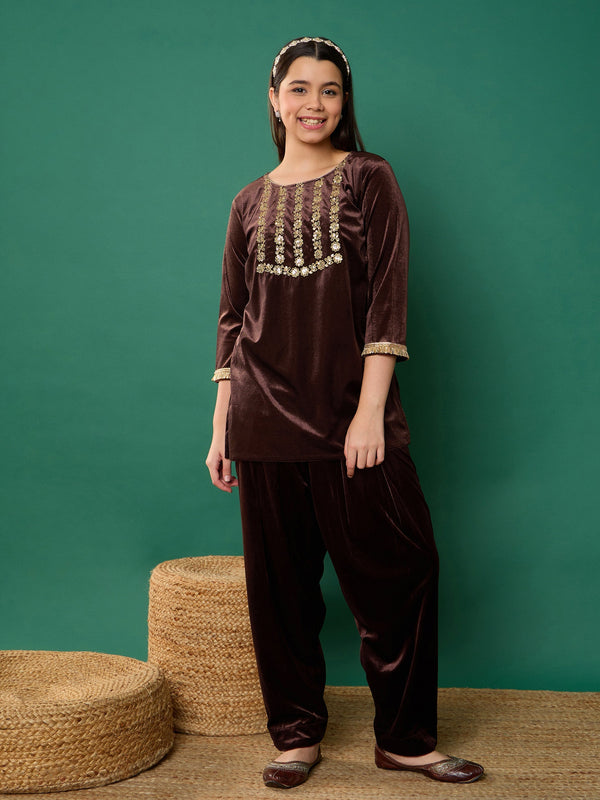 Girl Brown Velvet Embroidered Kurta With Salwar | WOMENSFASHIONFUN