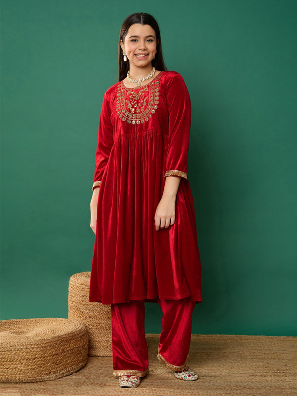 Girl Red Velvet Embroidered Kurta With Pants | WOMENSFASHIONFUN