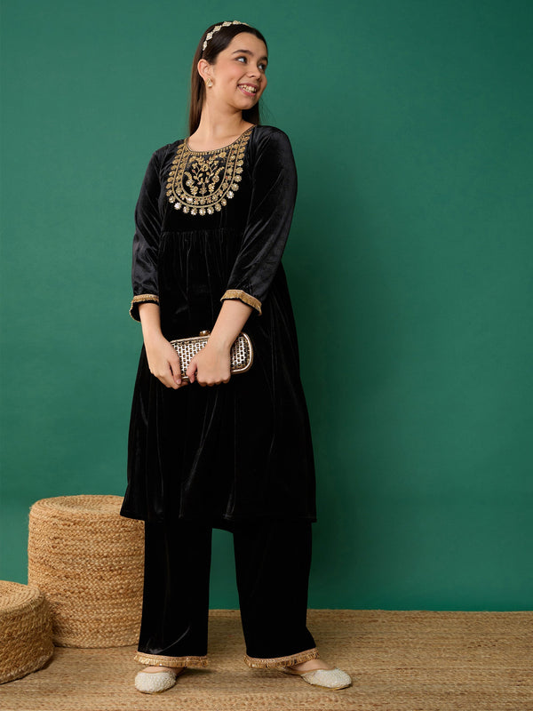 Girl Black Velvet Embroidered Kurta With Pants | WOMENSFASHIONFUN