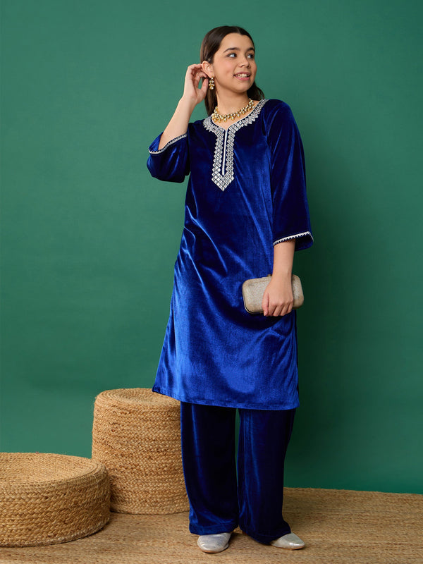 Girl Royal Blue Velvet Emb Straight Kurta With Pants | WOMENSFASHIONFUN