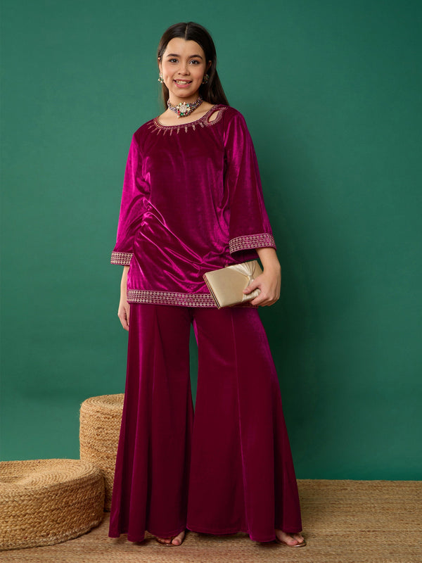 Girl Fuchsia Velvet Emb Short Kurta With Palazzos | WOMENSFASHIONFUN