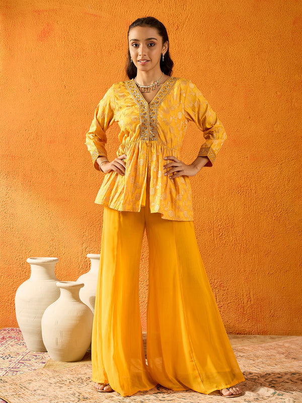 Girls Yellow Brocade V-Neck Peplum Top With Palazzos | WOMENSFASHIONFUN