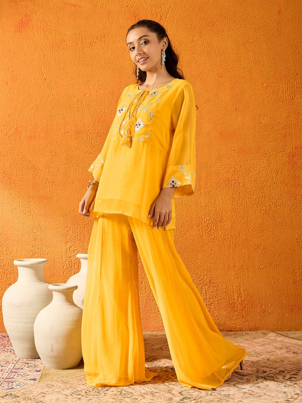 Girls Yellow Gota Embroidered Top With Palazzos | WOMENSFASHIONFUN