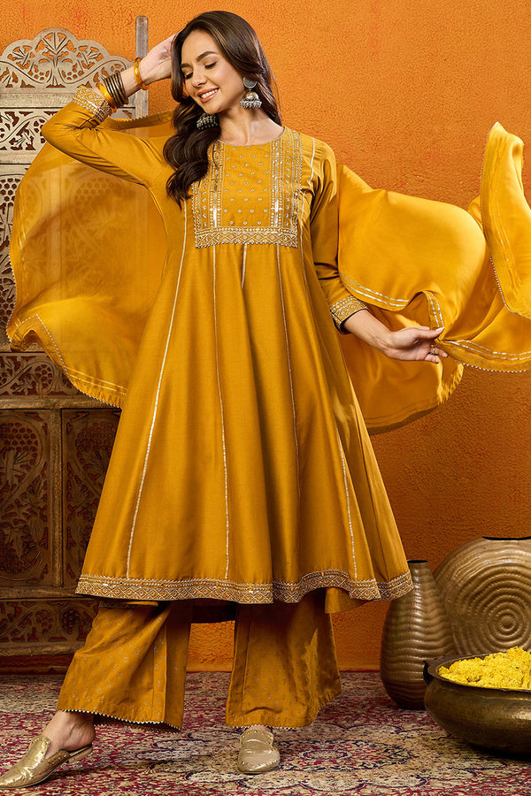 Mustard Yellow Silk Blend Solid Embroidered Anarkali Suit Set | WomensFashionFun.com