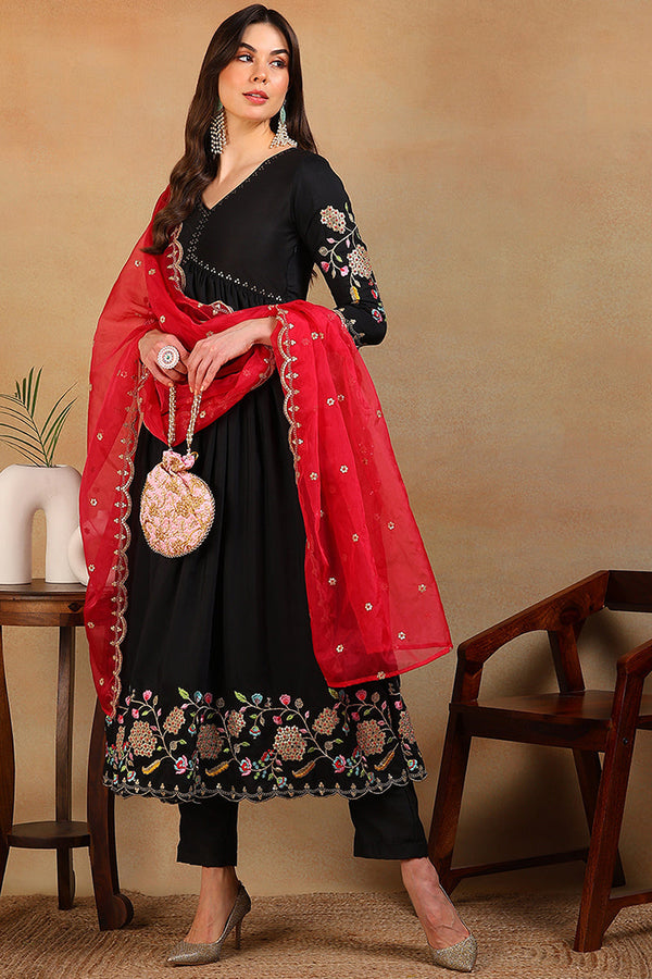 Black Silk Blend Solid Embroidered Flared Empire Suit Set | WomensFashionFun.com